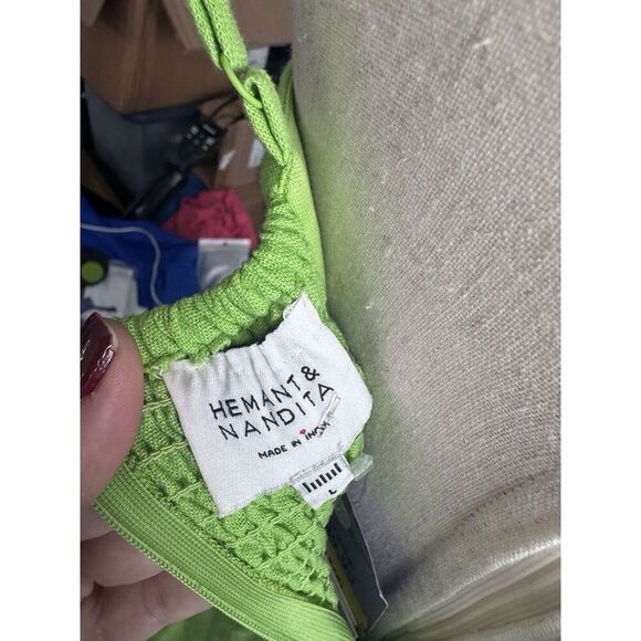 HEMANT AND NANDITA Linen Blend Cutout Midi Dress Green Size Large NWT - Picture 6 of 9